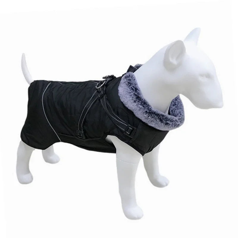 Waterproof Dog Clothes with Harness for Medium Large Dog Winter Warm Fur Collar Pet Dog Jacket Reflective French Bulldog Costume