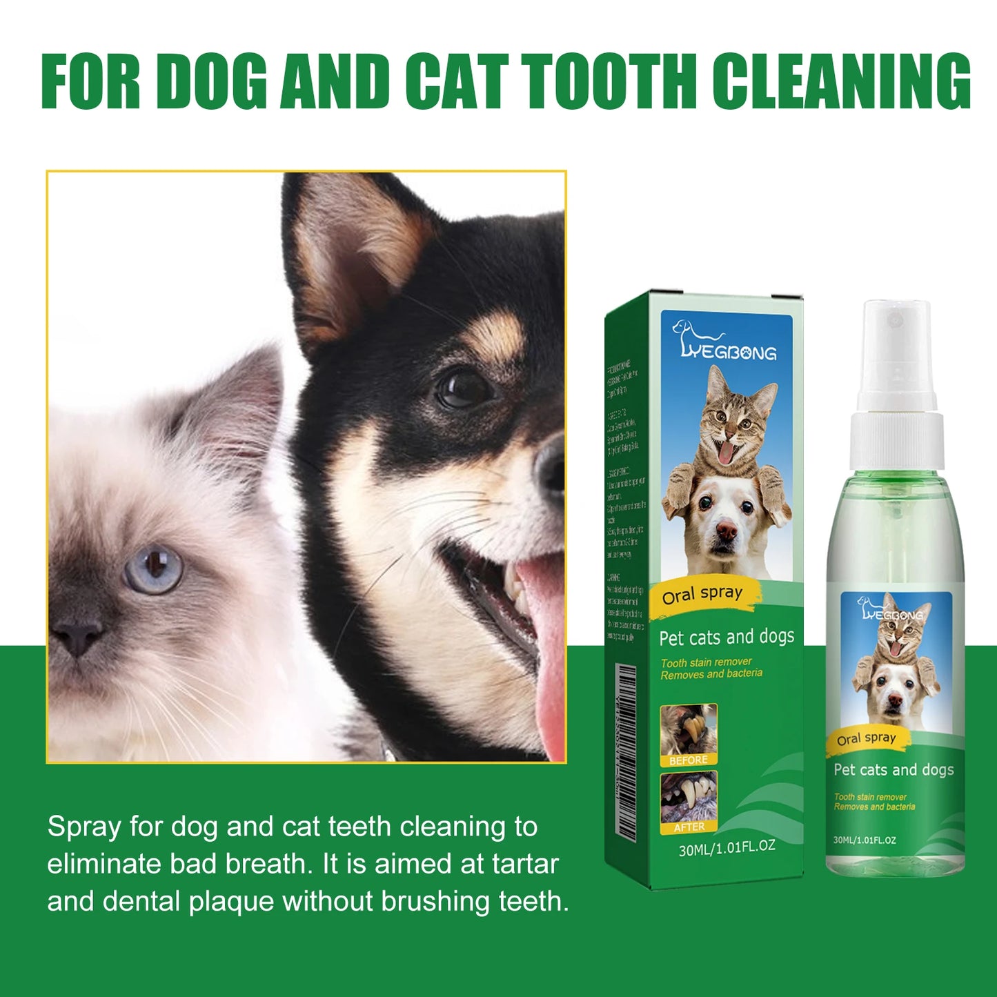 30ml Pet Oral Spray Teeth Cleaning for Dogs and Cats Dental Stain Cleaner Freshen Breath Natural Teeth Grooming Pet Supplies