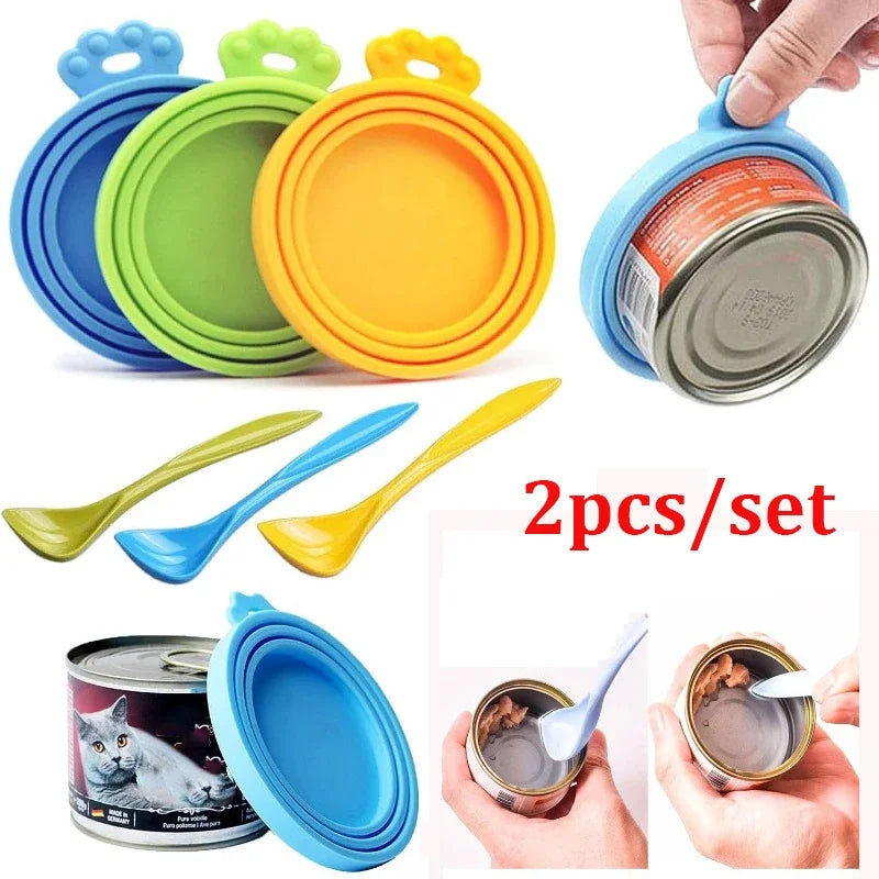 2pcs/set Reusable Pet Food Can Cover and Spoon Portable Dogs Cat Storage Tin Cap Lid Seal Cover Health Pet Supplies Pet Lids Can