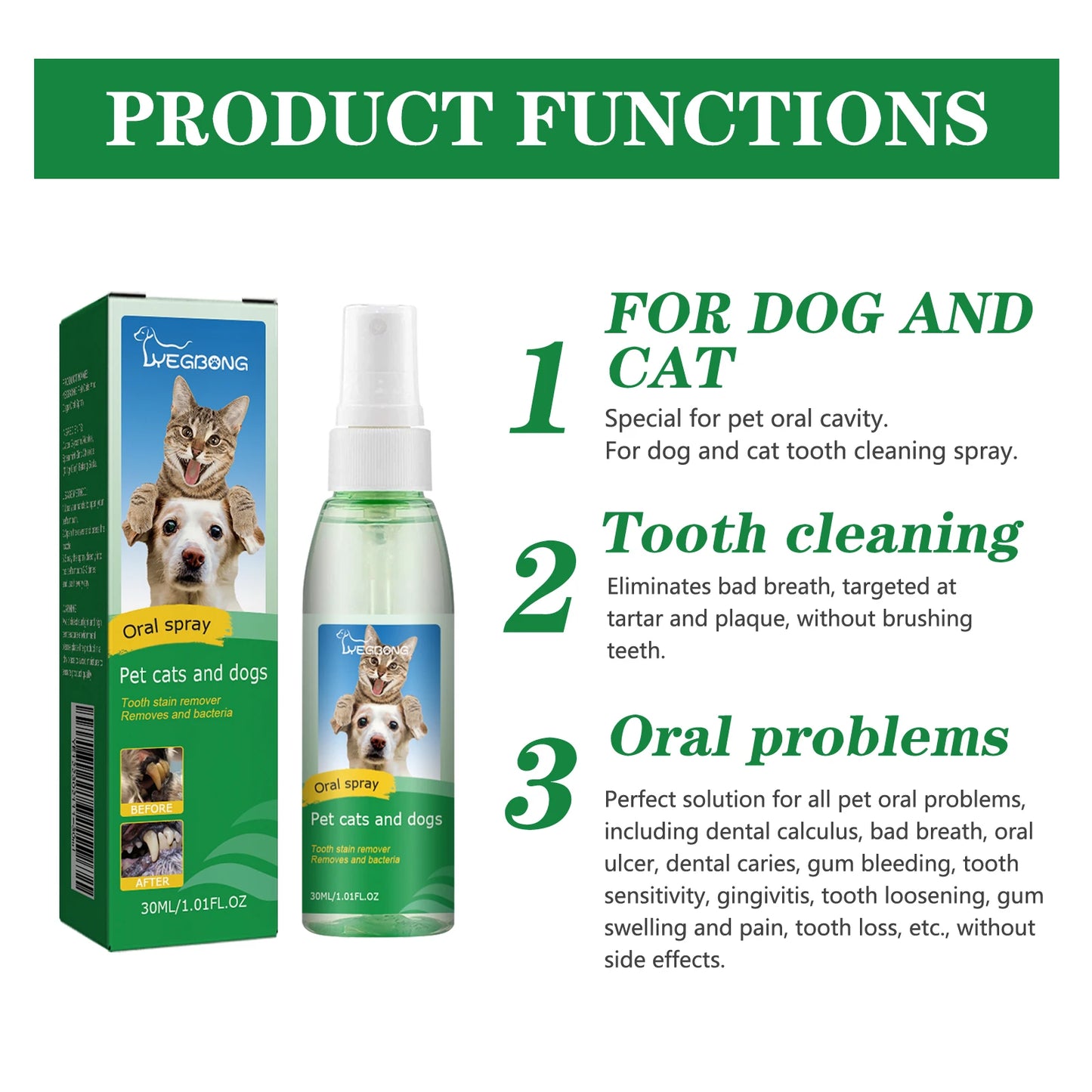 30ml Pet Oral Spray Teeth Cleaning for Dogs and Cats Dental Stain Cleaner Freshen Breath Natural Teeth Grooming Pet Supplies