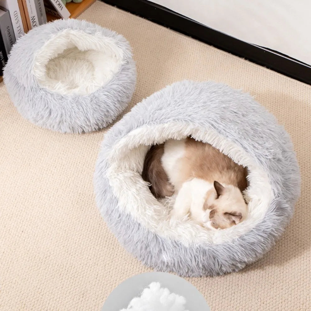2 in 1 Soft Plush Pet Bed with Cover Round Cat Bed Pet Mattress Warm Cat Dog Sleeping Nest Cave for Small Dogs