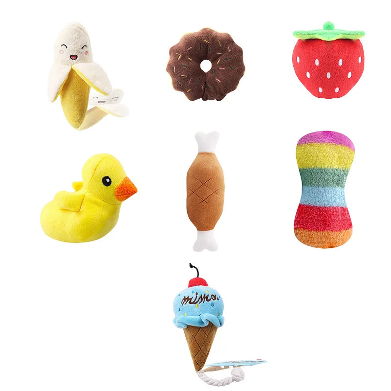 7-piece set of puppy sound toys, loose plush pet chewing, plush fruit snacks and vegetable puppy toys, suitable for cute play