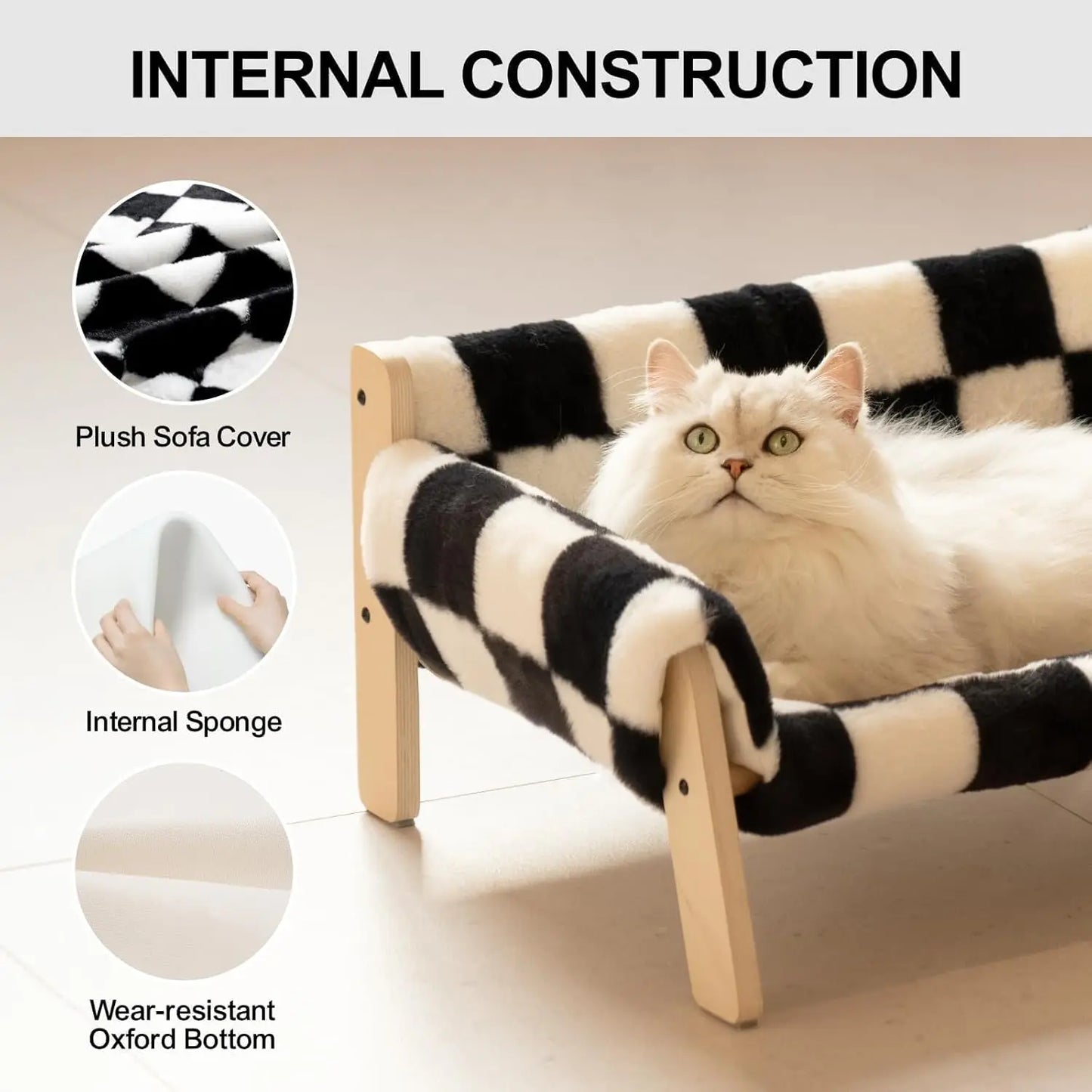 Mewoofun Cat Couch Bed Pet Sofa Wooden Indoor Elevated Cat Beds with Removable Mattress Cover Suitable for Animal Chessboard M