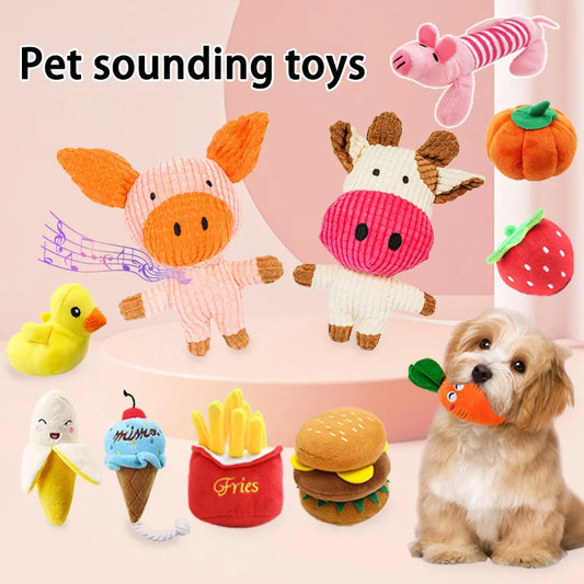 7-piece set of puppy sound toys, loose plush pet chewing, plush fruit snacks and vegetable puppy toys, suitable for cute play