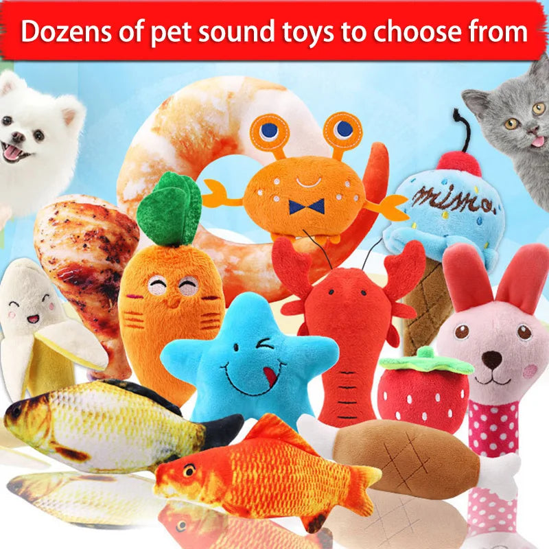 7-piece set of puppy sound toys, loose plush pet chewing, plush fruit snacks and vegetable puppy toys, suitable for cute play