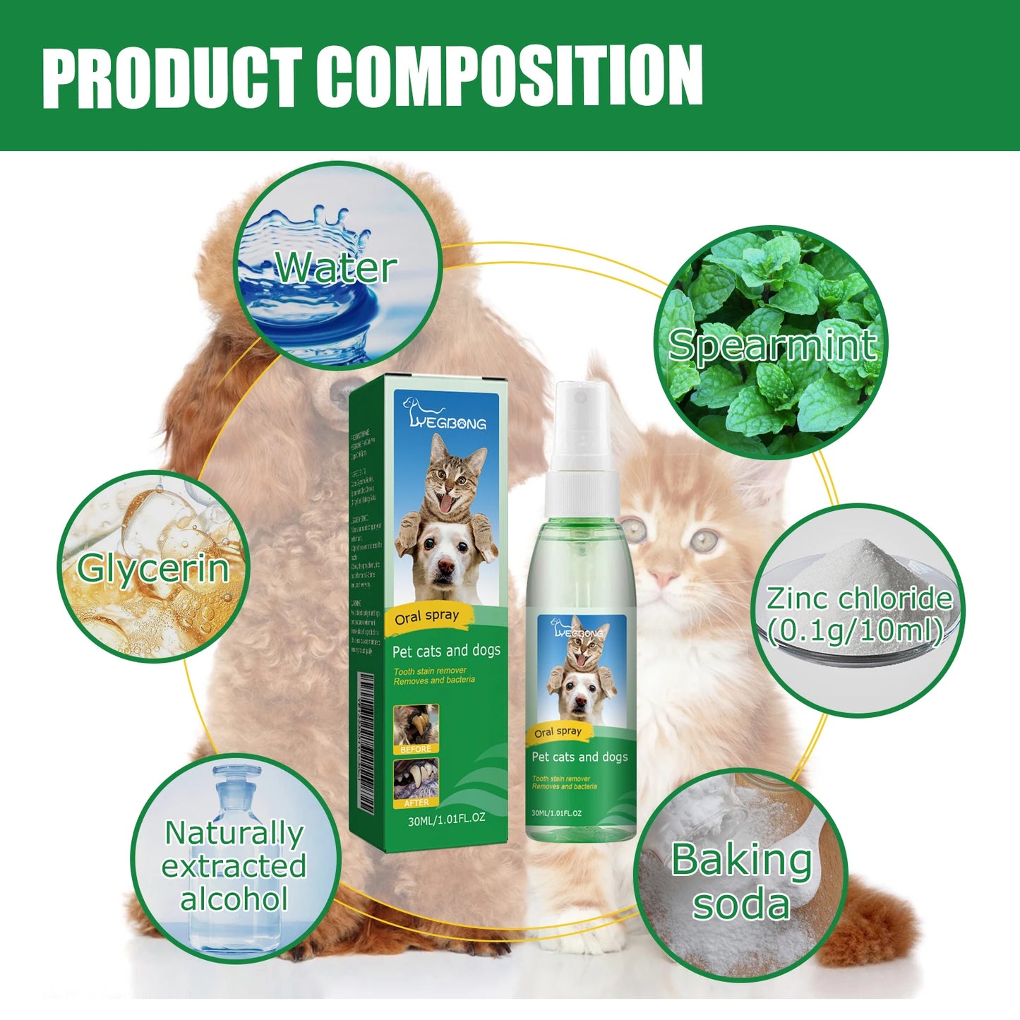 30ml Pet Oral Spray Teeth Cleaning for Dogs and Cats Dental Stain Cleaner Freshen Breath Natural Teeth Grooming Pet Supplies