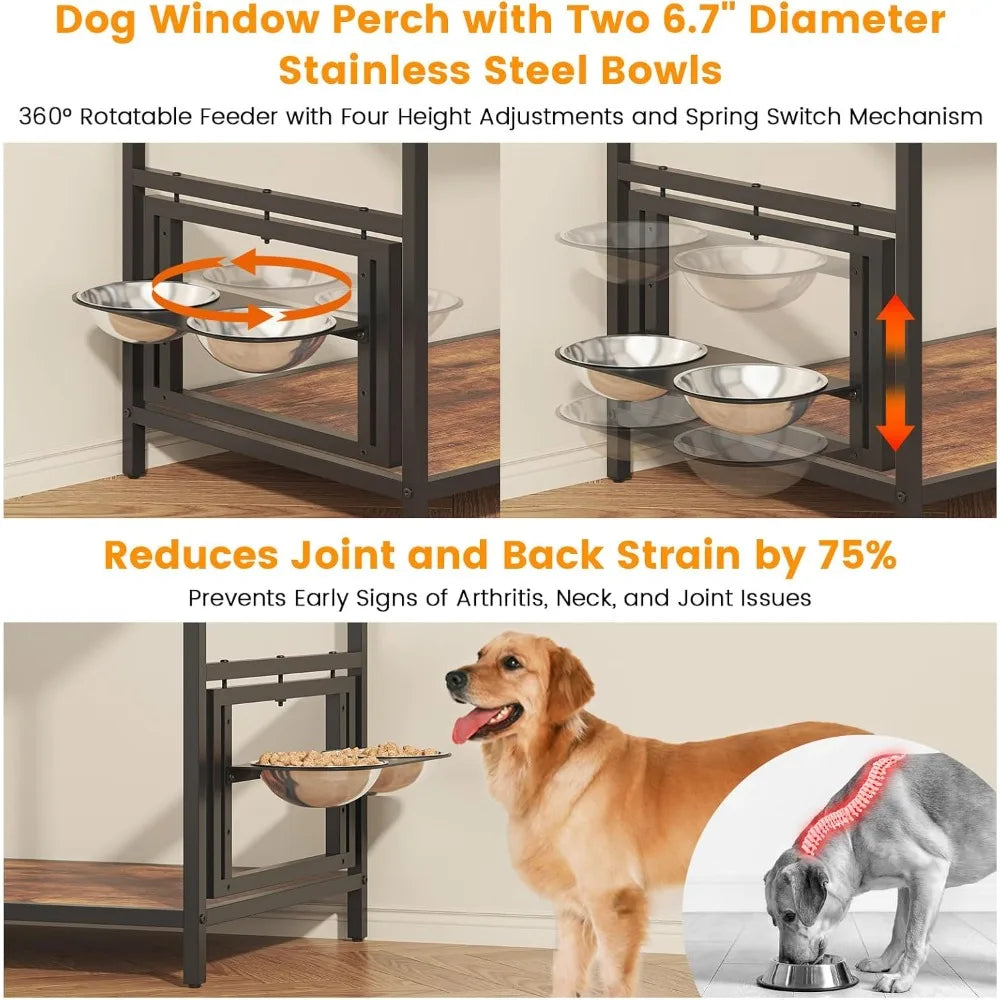 360° rotating & adjustable pet feeder perch, staircase bunk bed with storage drawers, elevated dog bed platform