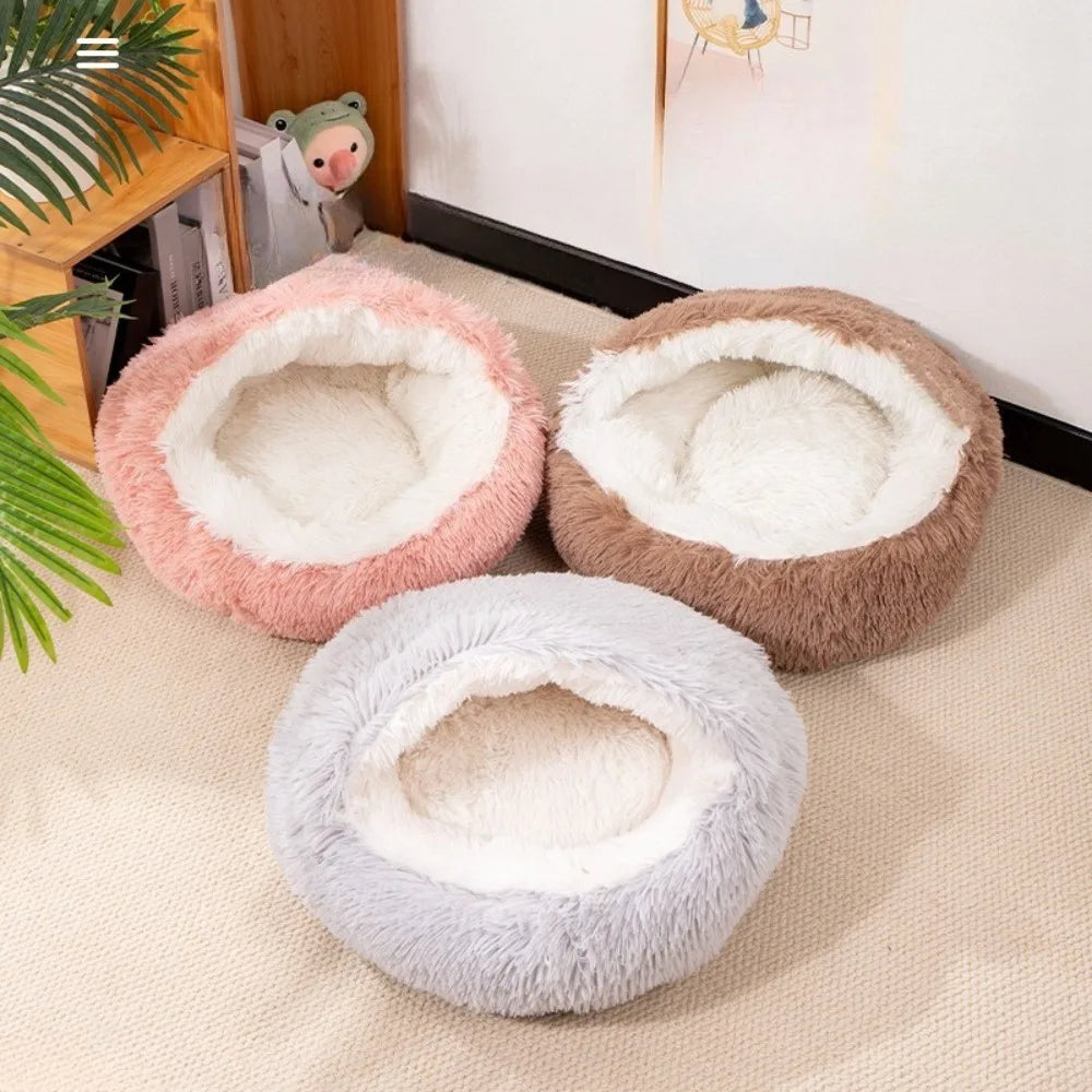 2 in 1 Soft Plush Pet Bed with Cover Round Cat Bed Pet Mattress Warm Cat Dog Sleeping Nest Cave for Small Dogs