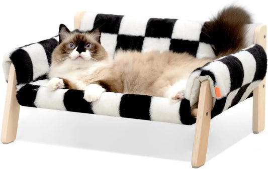Mewoofun Cat Couch Bed Pet Sofa Wooden Indoor Elevated Cat Beds with Removable Mattress Cover Suitable for Animal Chessboard M
