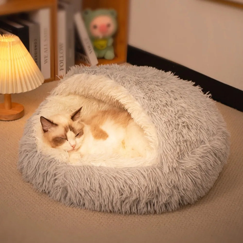 2 in 1 Soft Plush Pet Bed with Cover Round Cat Bed Pet Mattress Warm Cat Dog Sleeping Nest Cave for Small Dogs