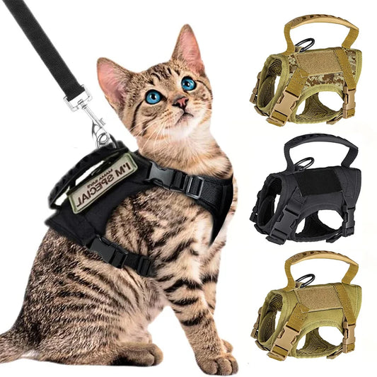 Tactical Cat Dog Harness Leash Adjustable Soft Mesh Pet Vest Cats Escape Proof Vest for Working Training for Large Cat/Small Dog