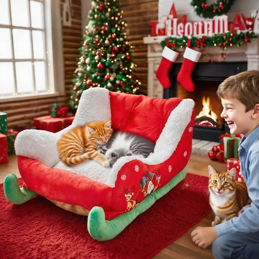 Christmas Sled Dog Bed, New Dog Sled Bed, Santa Pet Bed for Dogs and Cats, Festive Plush Comfortable Christmas Themed Pet Bed