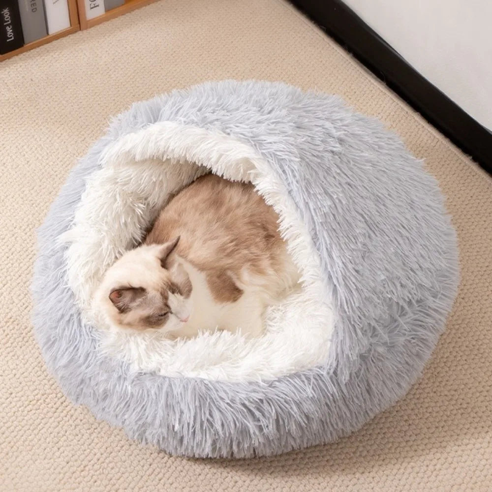 2 in 1 Soft Plush Pet Bed with Cover Round Cat Bed Pet Mattress Warm Cat Dog Sleeping Nest Cave for Small Dogs