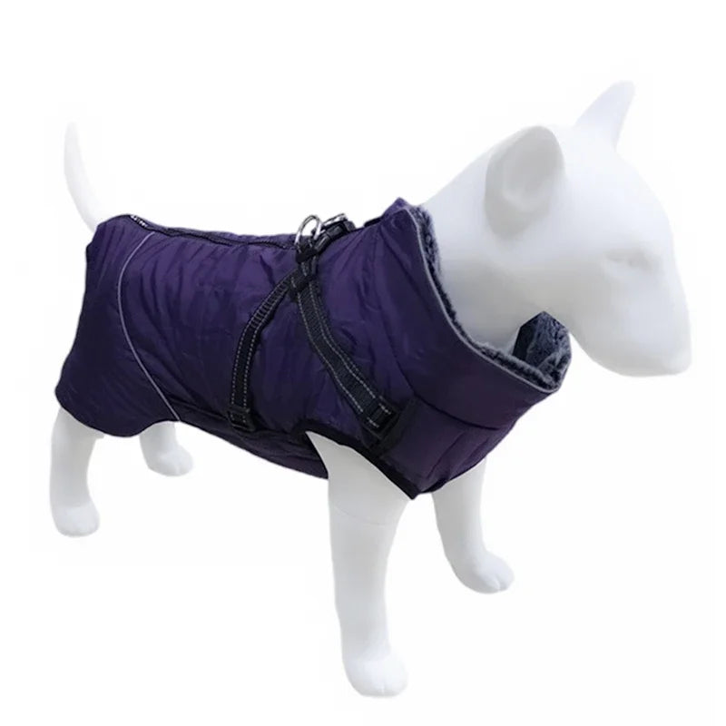 Waterproof Dog Clothes with Harness for Medium Large Dog Winter Warm Fur Collar Pet Dog Jacket Reflective French Bulldog Costume
