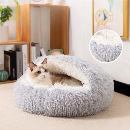 2 in 1 Soft Plush Pet Bed with Cover Round Cat Bed Pet Mattress Warm Cat Dog Sleeping Nest Cave for Small Dogs