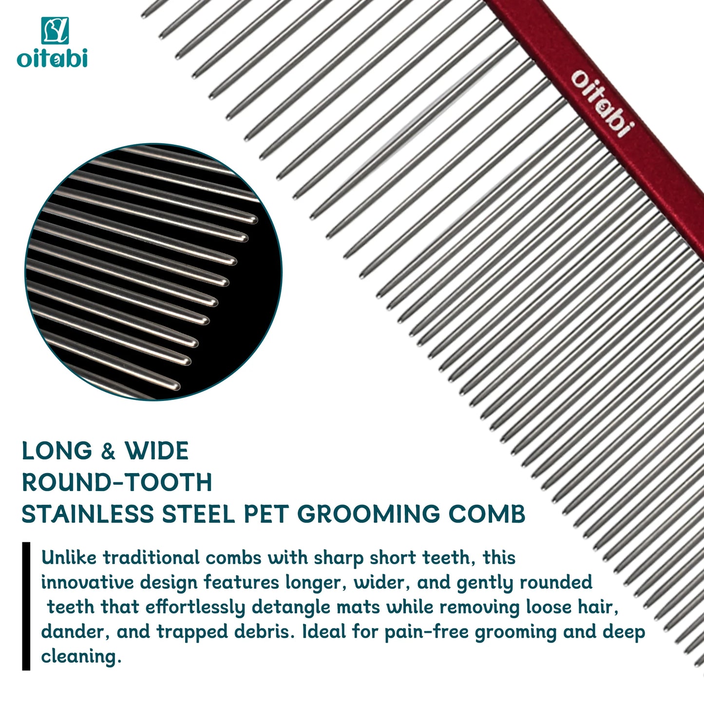 Oitabi Professional Pet Grooming Comb for Removing Matted Fur, Prevents Knots and Mats, Long Teeth Long & Short Haired Pet Comb